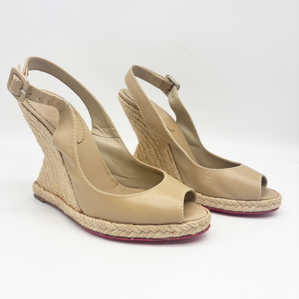 Christian Louboutin You Love Beige Leather Slingback Espadrille Wedges Size 36